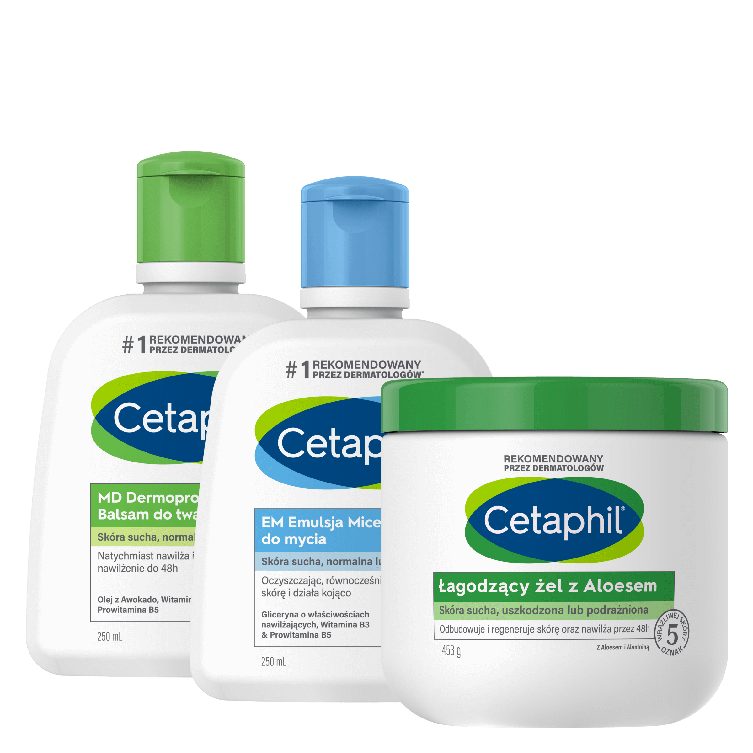 Zestaw EM Emulsja micelarna do mycia 250 ml, Łagodzący Żel z aloesem 453 g, MD Dermoprotektor balsam do twarzy i ciała 250 ml