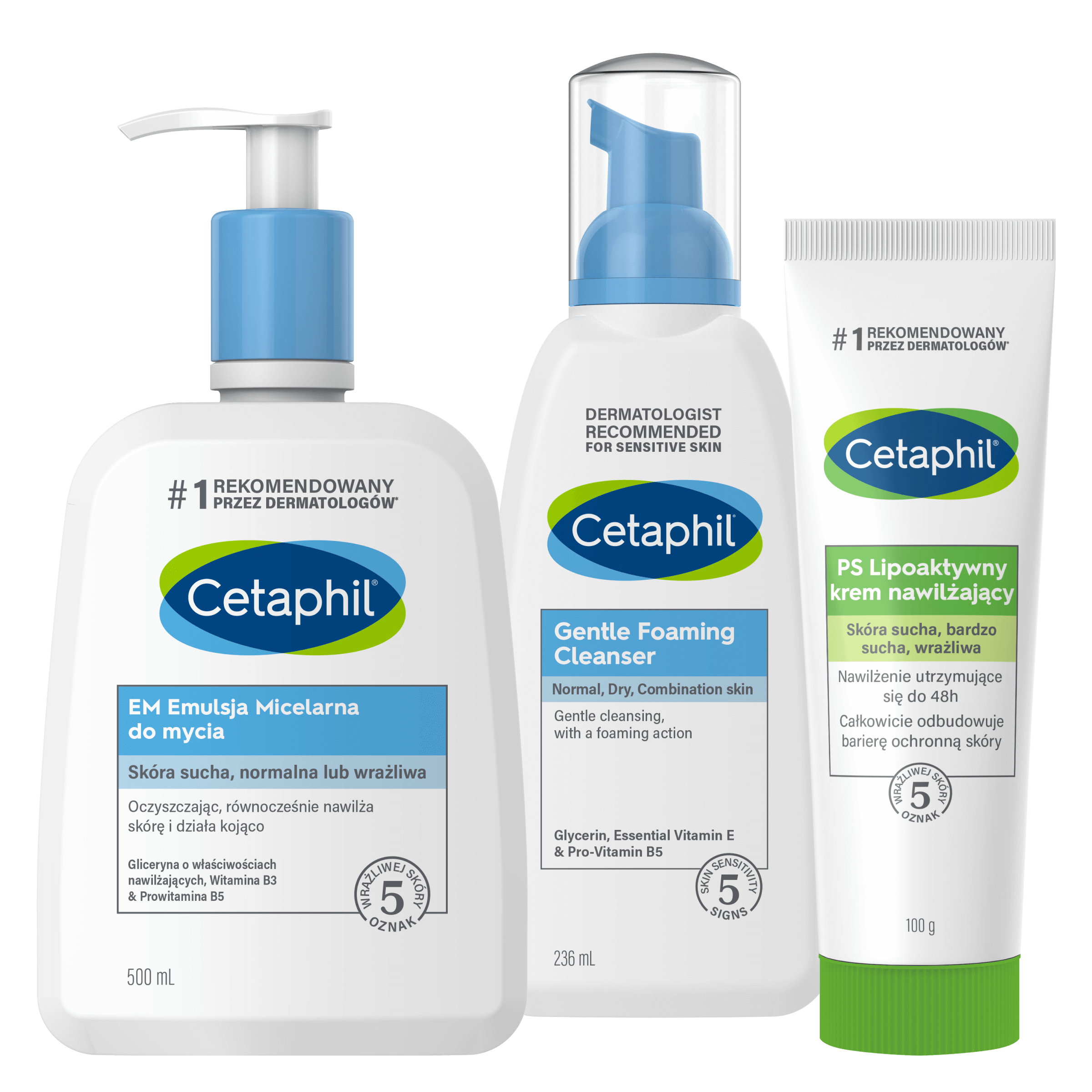 Zestaw EM Emulsja micelarna do mycia 500 ml, Lekka Pianka do mycia 236 ml i PS Lipoaktywny krem nawilżający