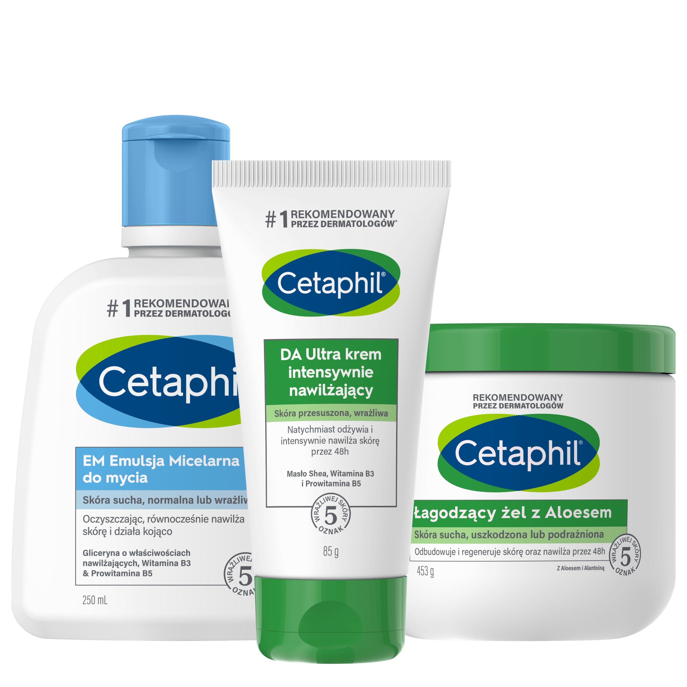 Zestaw EM Emulsja micelarna do mycia 250 ml, Łagodzący żel z aloesem 453 g, DA Ultra krem intensywnie nawilżający 85 g