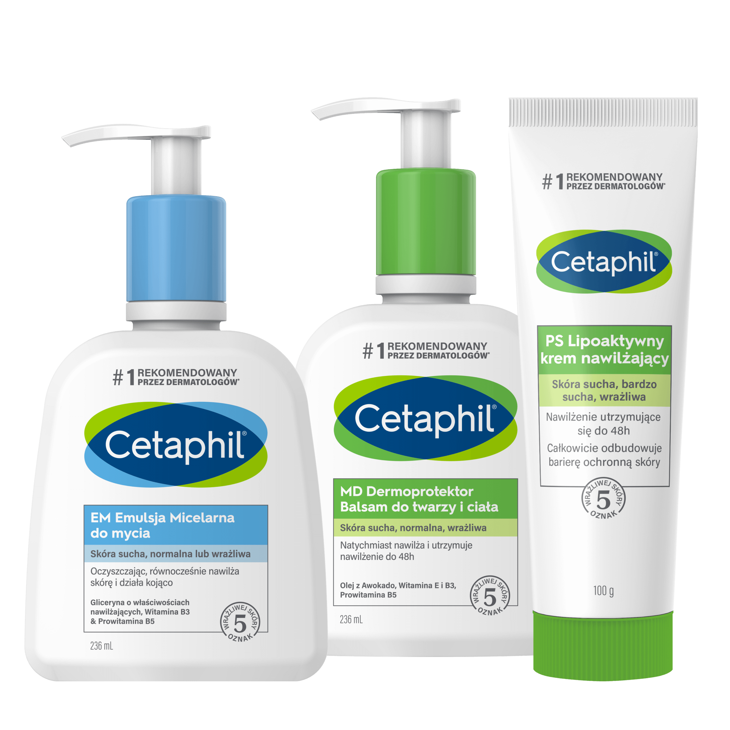 Zestaw EM Emulsja micelarna do mycia 236 ml, MD Dermoprotektor balsam do twarzy i ciała 236 ml i PS Lipoaktywny krem nawilżający 100 g