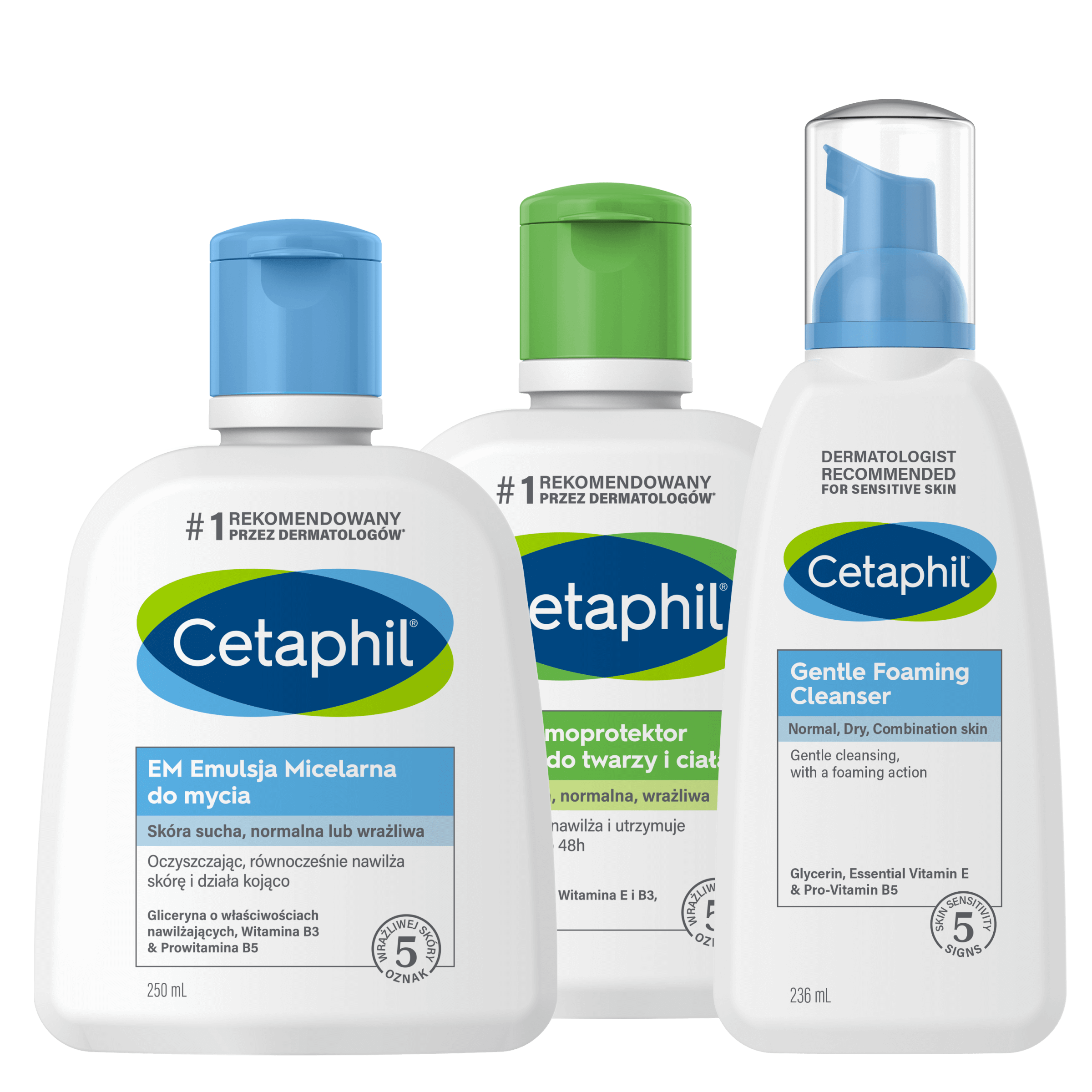 Zestaw EM Emulsja micelarna do mycia 250 ml, Lekka pianka do mycia 236 ml i MD Balsam dermoprotektor do twarzy i ciała 250 ml