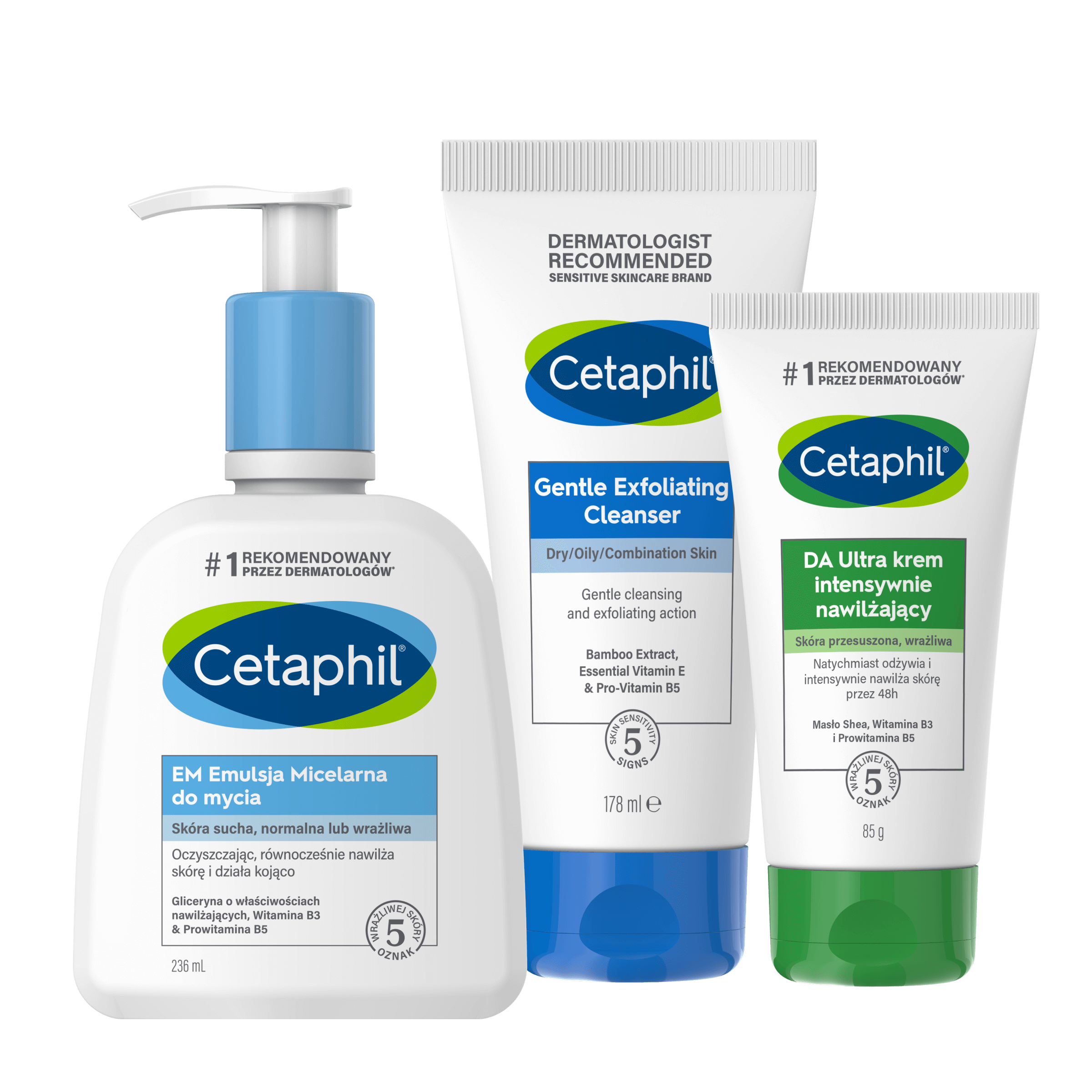 Zestaw EM Emulsja micelarna do mycia 236 ml, Delikatny Żel oczyszczający do twarzy z peelingiem 178 ml i DA Ultra krem intensywnie nawilżający 85 g