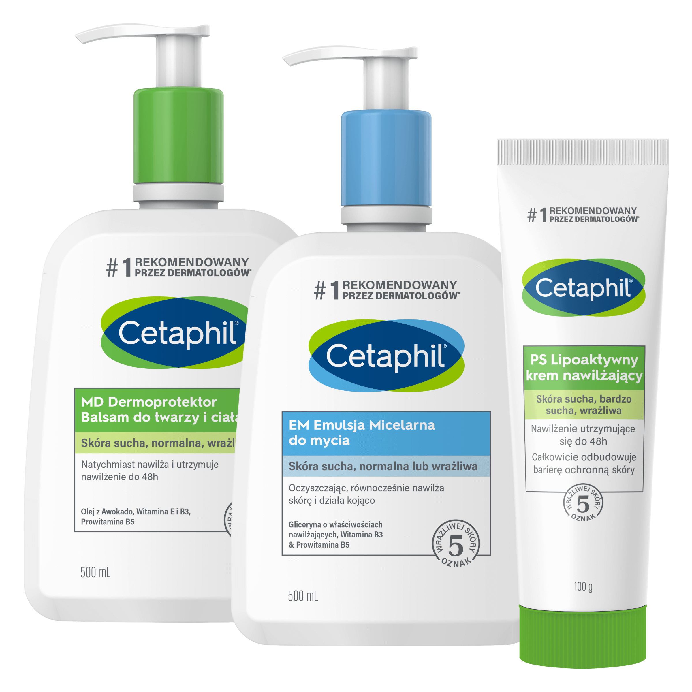 Zestaw EM Emulsja micelarna do mycia 500 ml, MD Dermoprotektor balsam do twarzy i ciała 500 ml i PS Lipoaktywny krem nawilżający