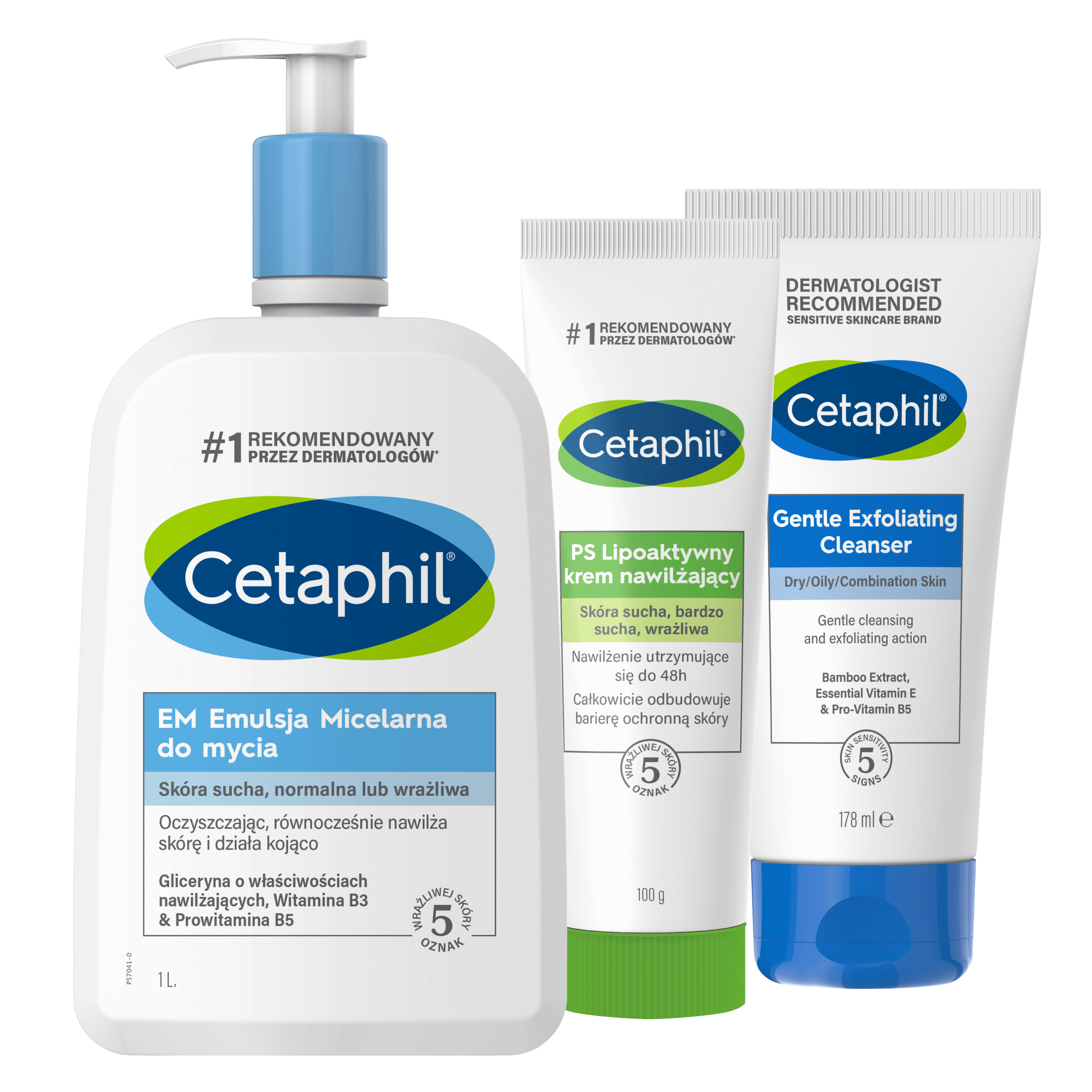 Zestaw EM Emulsja micelarna do mycia 1l, Delikatny Żel oczyszczający do twarzy z peelingiem, PS Lipoaktywny krem nawilżający