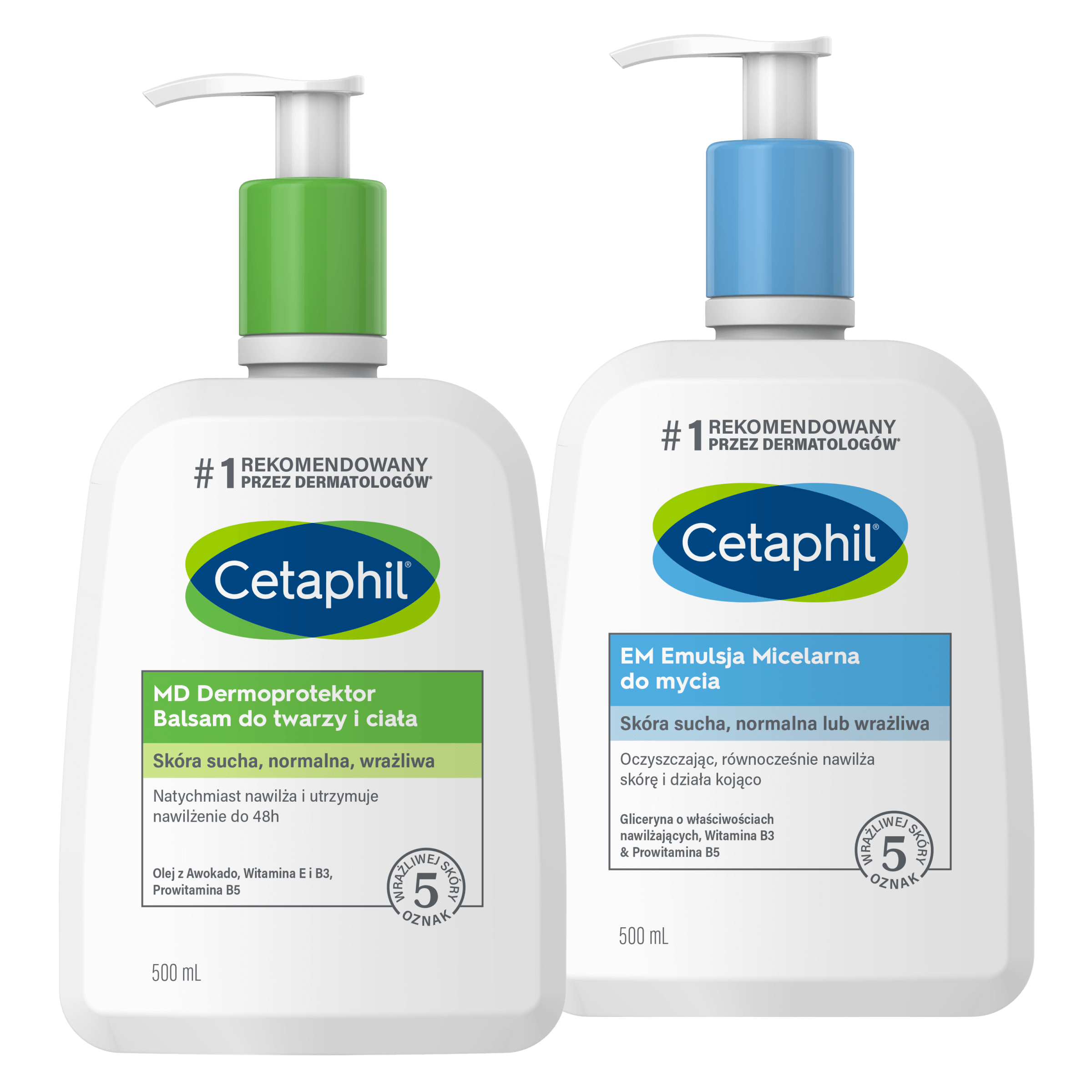 Zestaw EM Emulsja micelarna do mycia 500 ml i MD Dermoprotektor Balsam do twarzy i ciała 500 ml