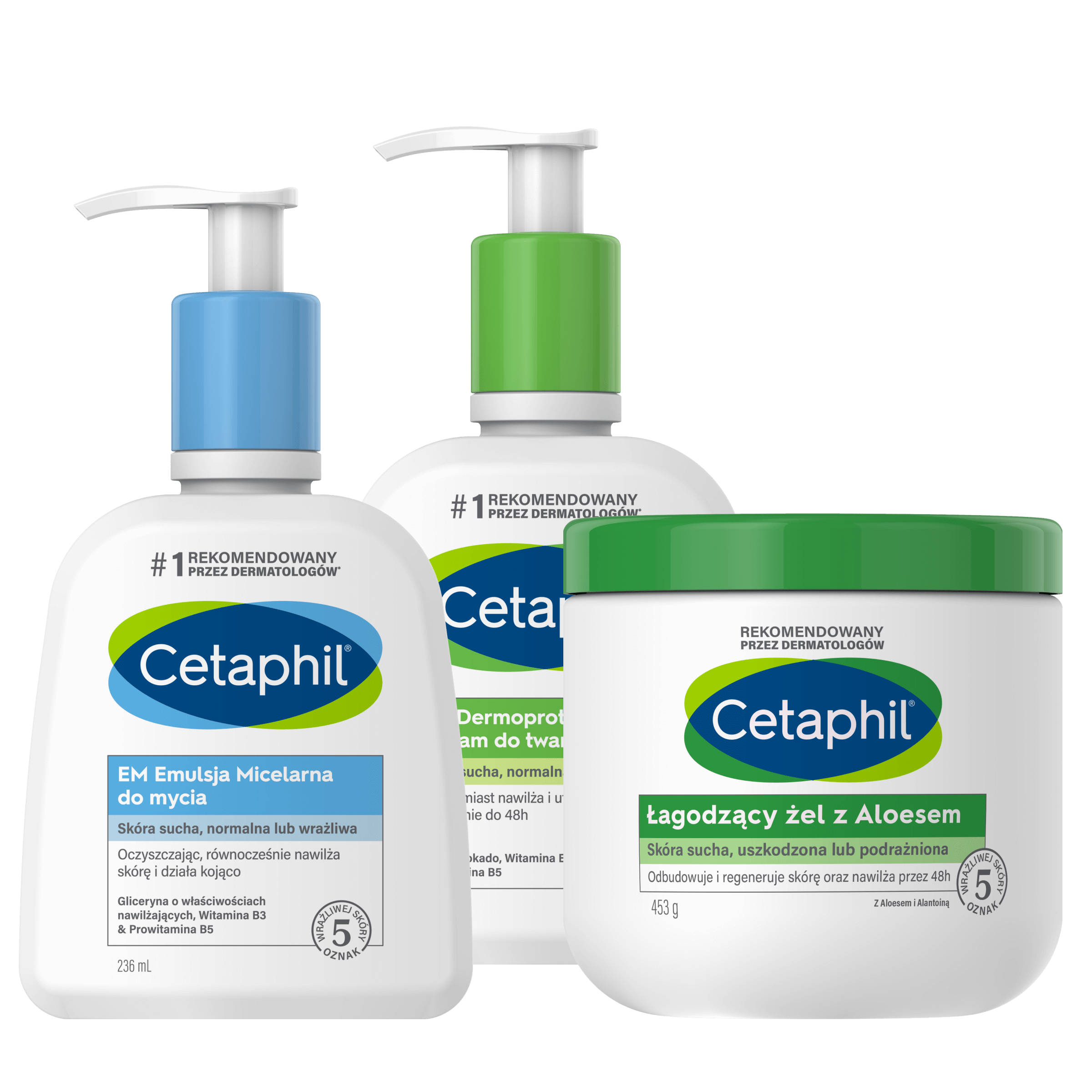 Zestaw EM Emulsja micelarna do mycia 236 ml, Łagodzący żel z aloesem 453 g i MD Dermoprotektor balsam do twarzy i ciała 236 ml