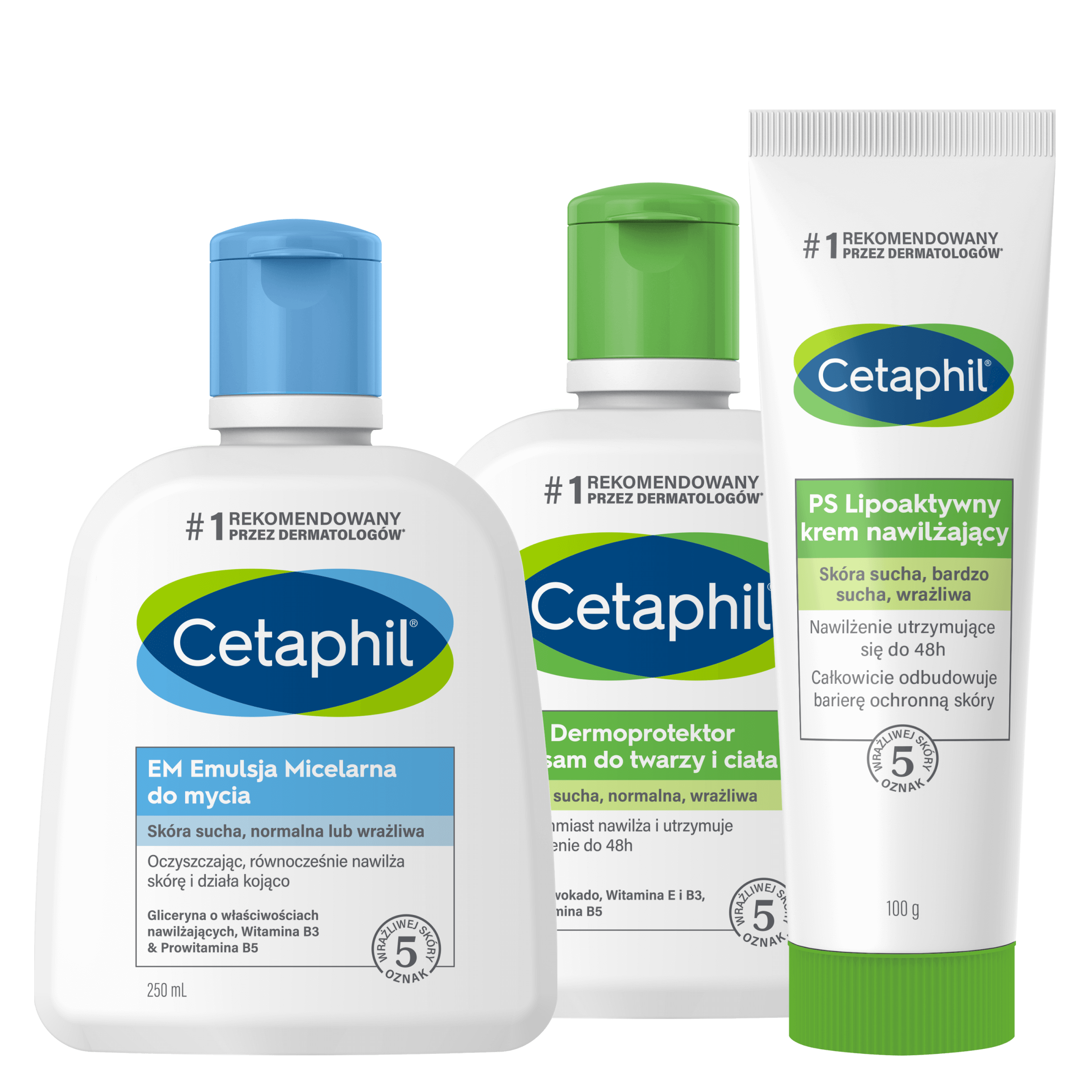 Zestaw EM Emulsja micelarna do mycia 250 ml, MD Dermoprotektor balsam do twarzy i ciała 250 ml, PS Lipoaktywny krem nawilżający