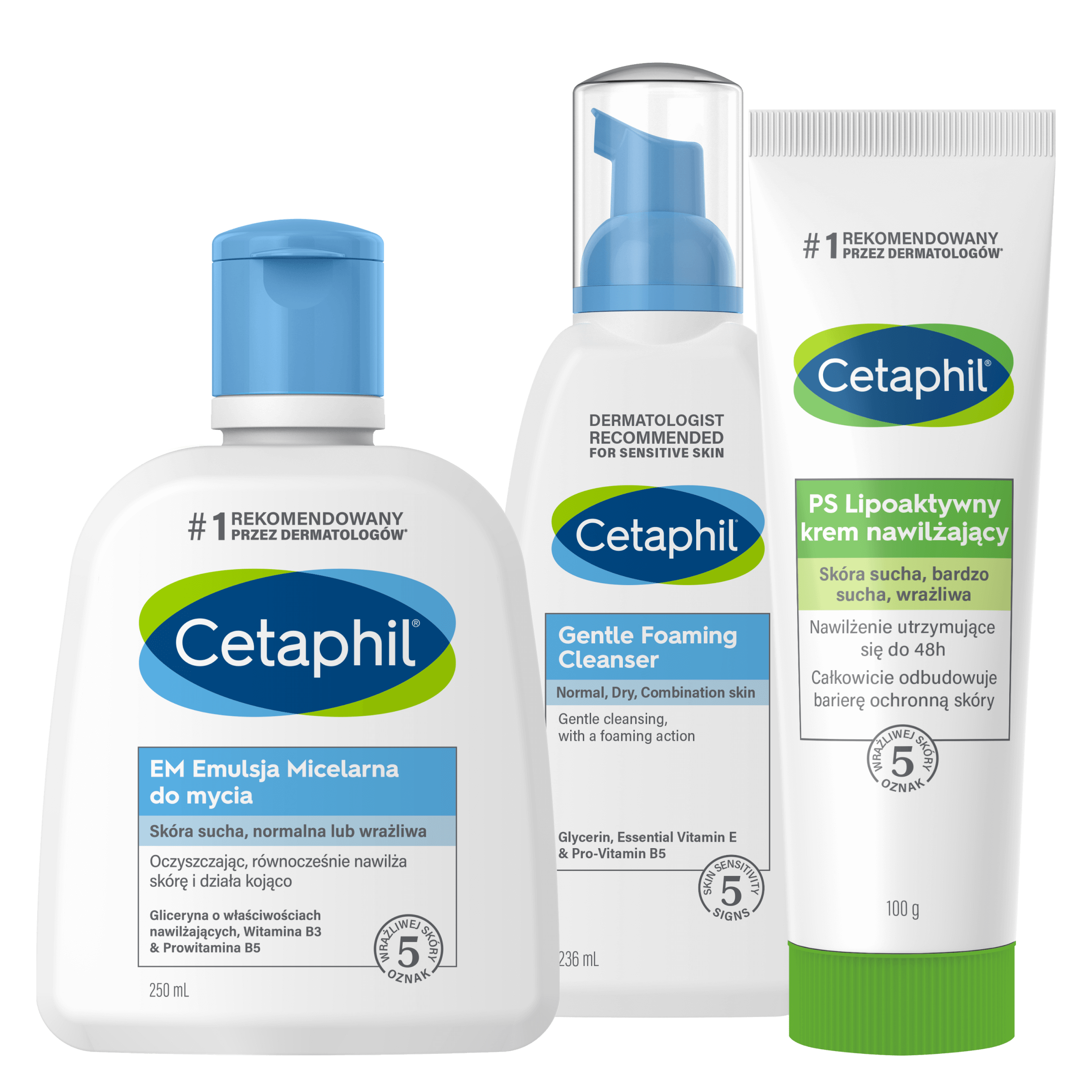 Zestaw EM Emulsja micelarna do mycia 250 ml, Lekka pianka do mycia 236 ml i PS Lipoaktywny krem nawilżający