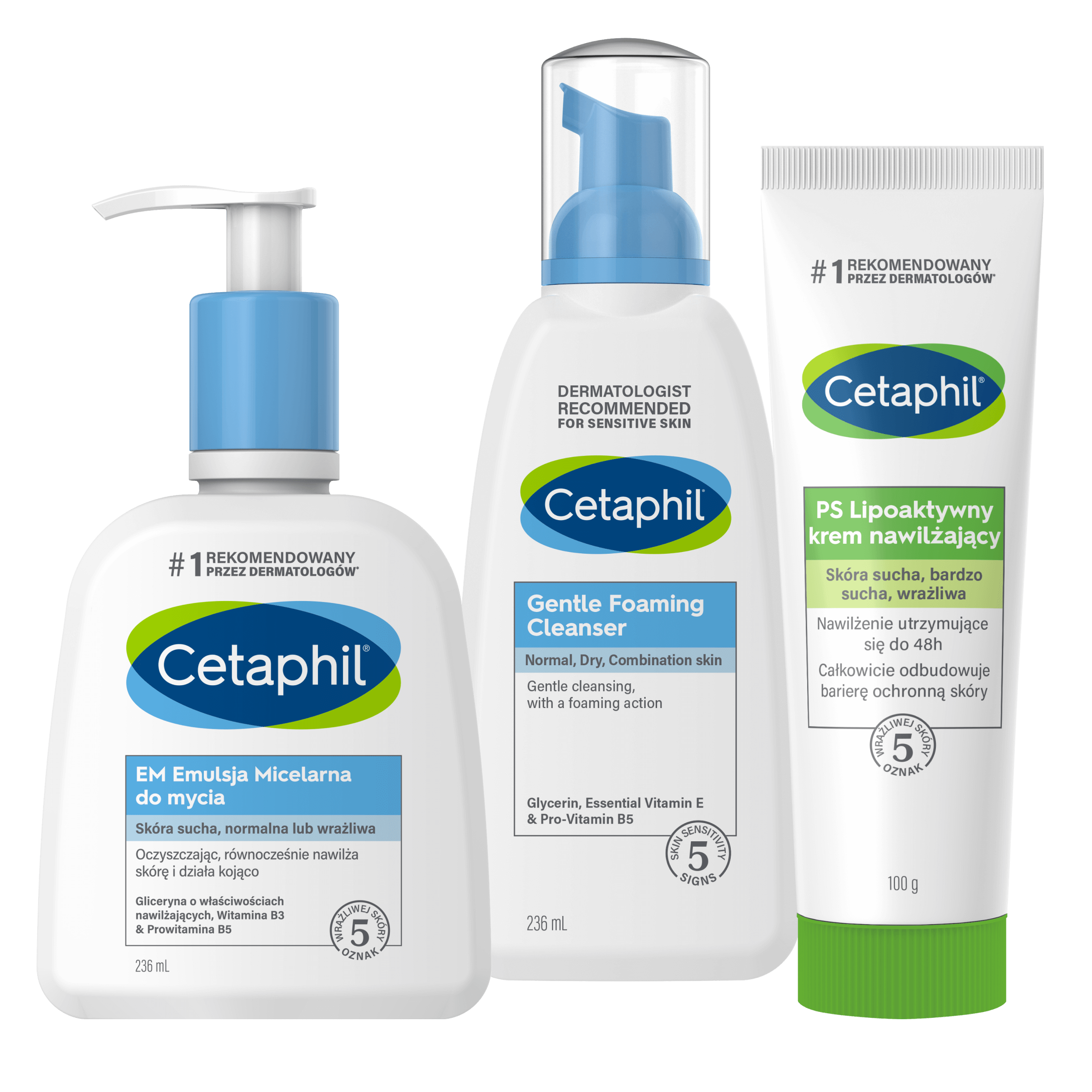 Zestaw EM Emulsja micelarna do mycia 236 ml, Lekka pianka do mycia 236 ml i PS Lipoaktywny krem nawilżający 100 g