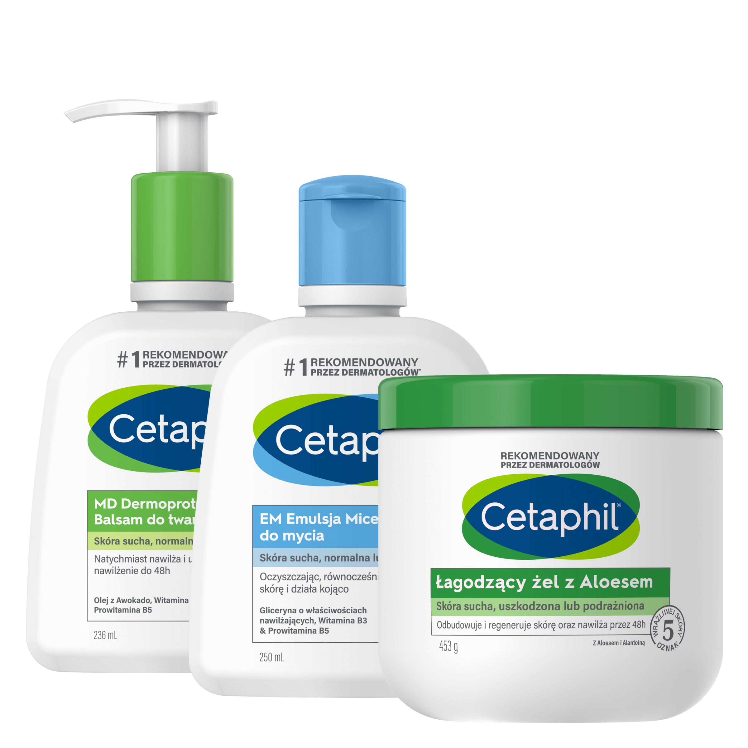 Zestaw EM Emulsja micelarna do mycia 250 ml, Łagodzący Żel z aloesem 453 g, MD Dermoprotektor balsam do twarzy i ciała 236 ml