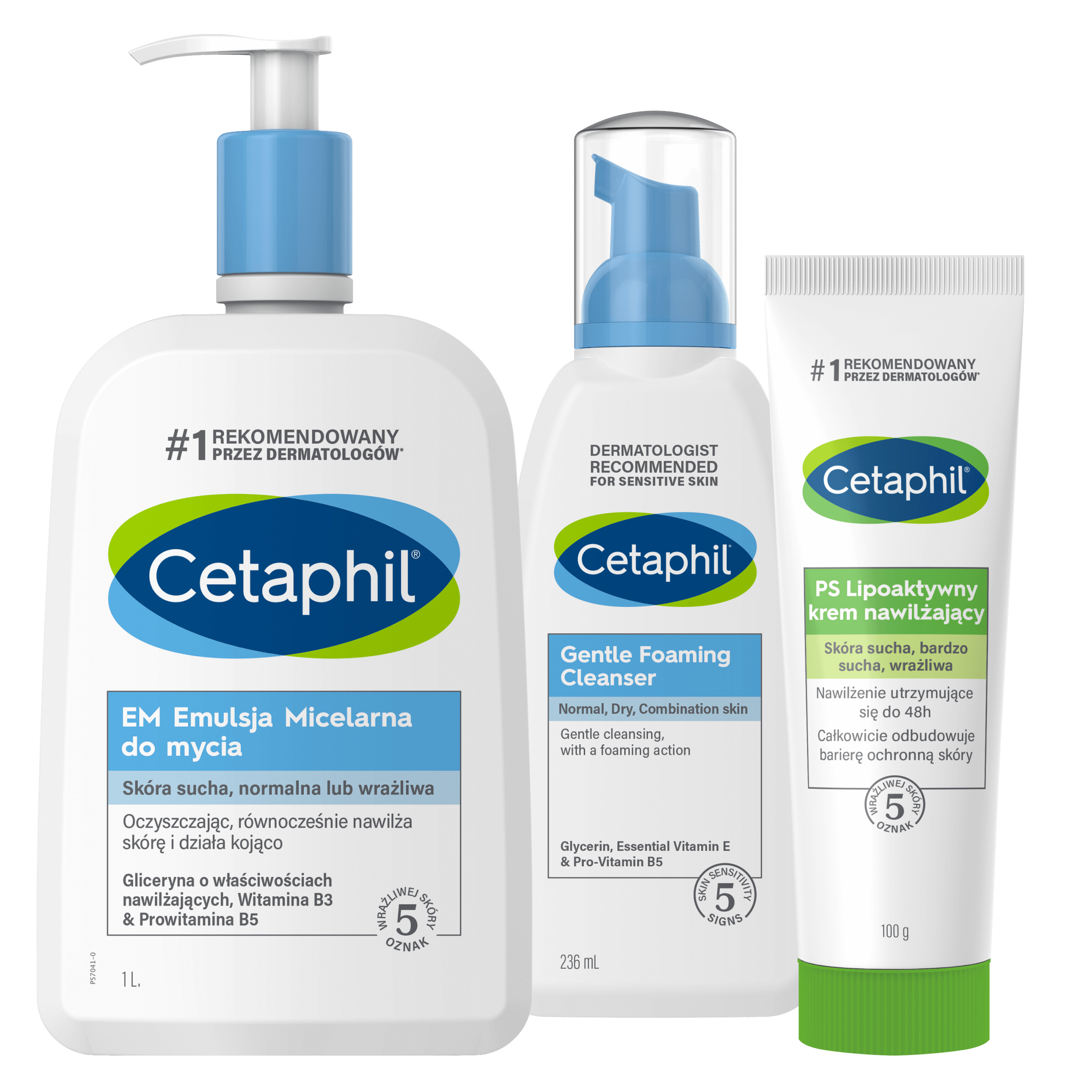 Zestaw EM Emulsja micelarna 1l, Lekka Pianka do mycia 236 ml, PS Lipoaktywny krem nawilżający 100g