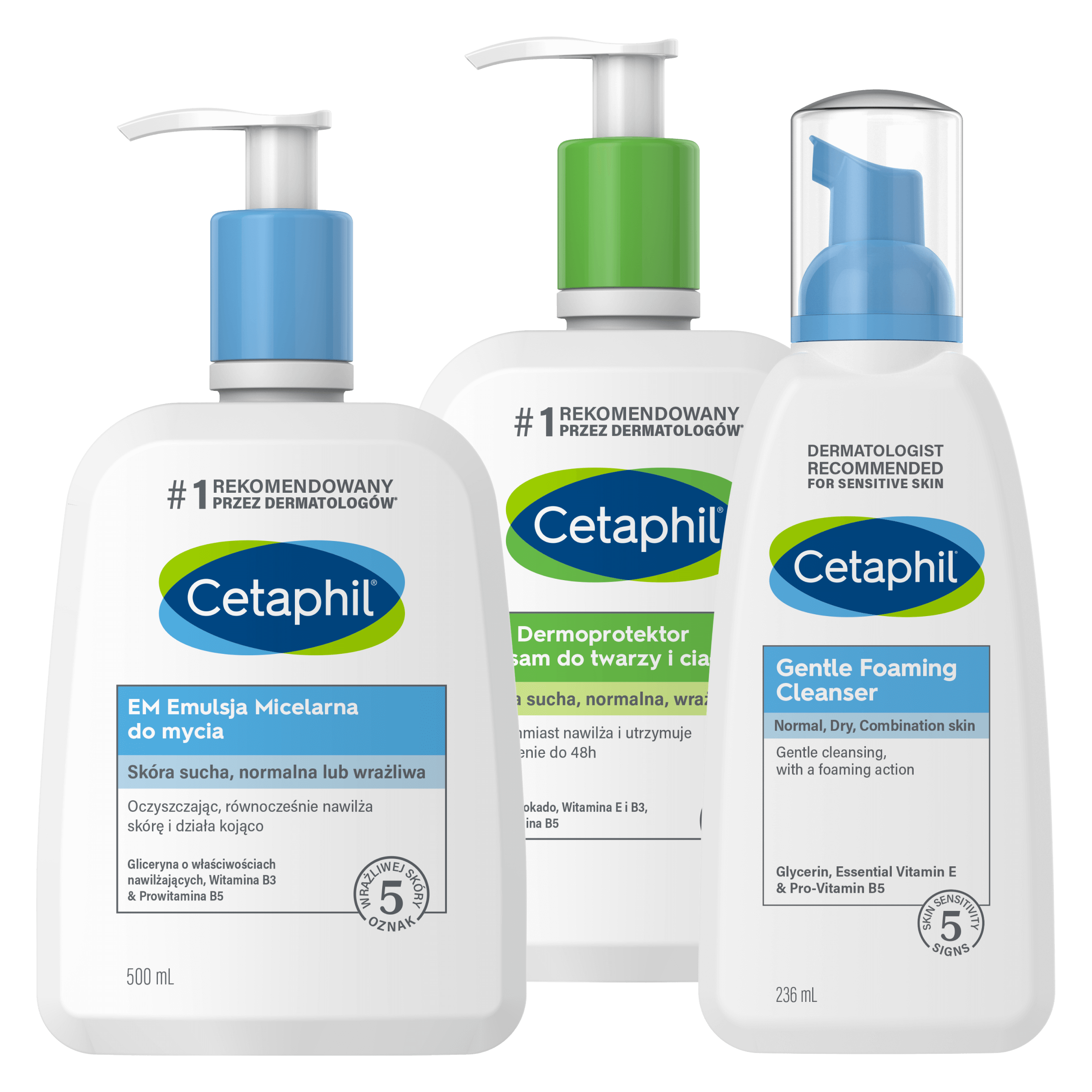 Zestaw EM Emulsja micelarna do mycia 500 ml, Lekka Pianka do mycia 236 ml i MD Dermoprotektor balsam do twarzy i ciała 500 ml