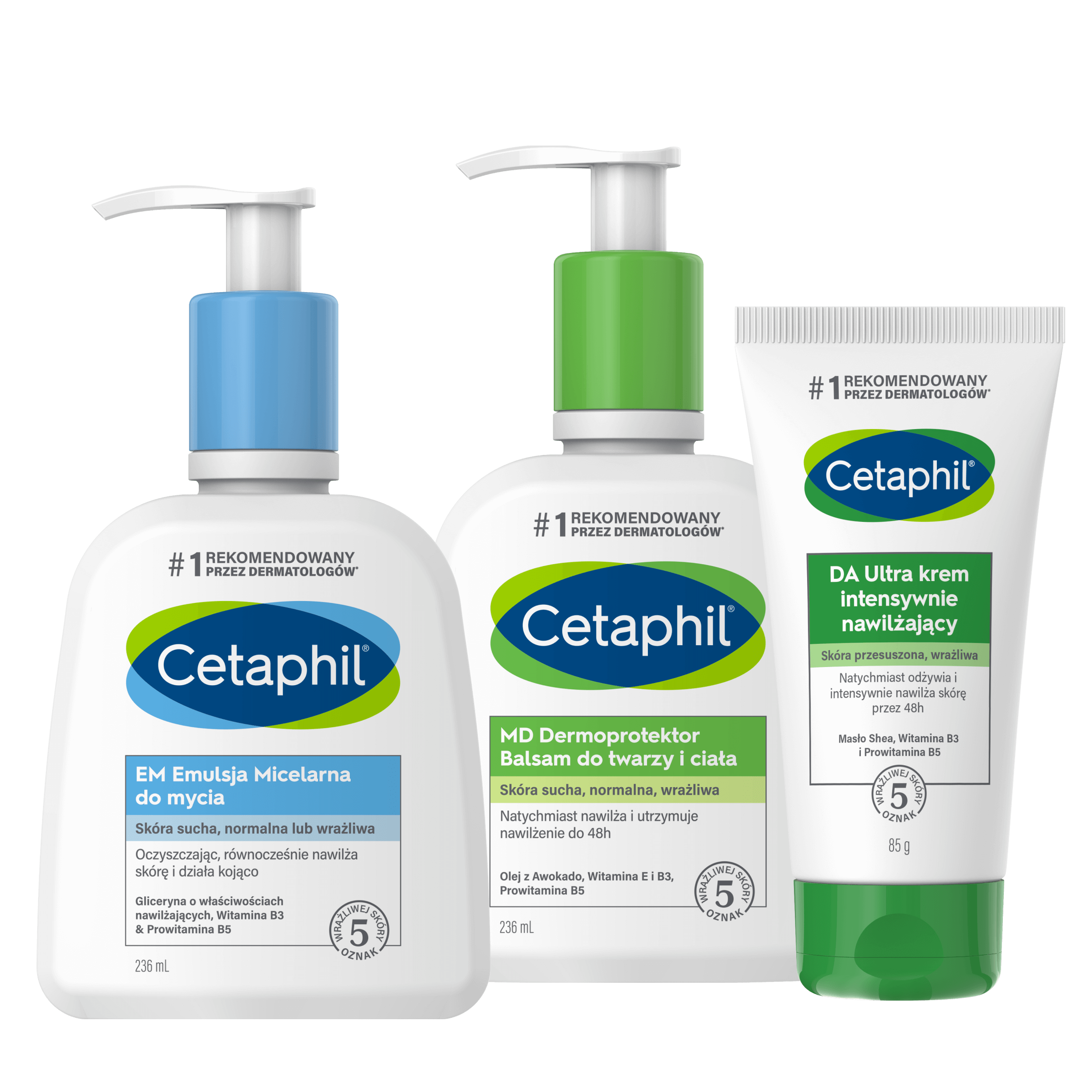 Zestaw EM Emulsja micelarna do mycia 236 ml, MD Dermoprotektor balsam do twarzy i ciała 236 ml i DA Ultra krem intensywnie nawilżający 85 g