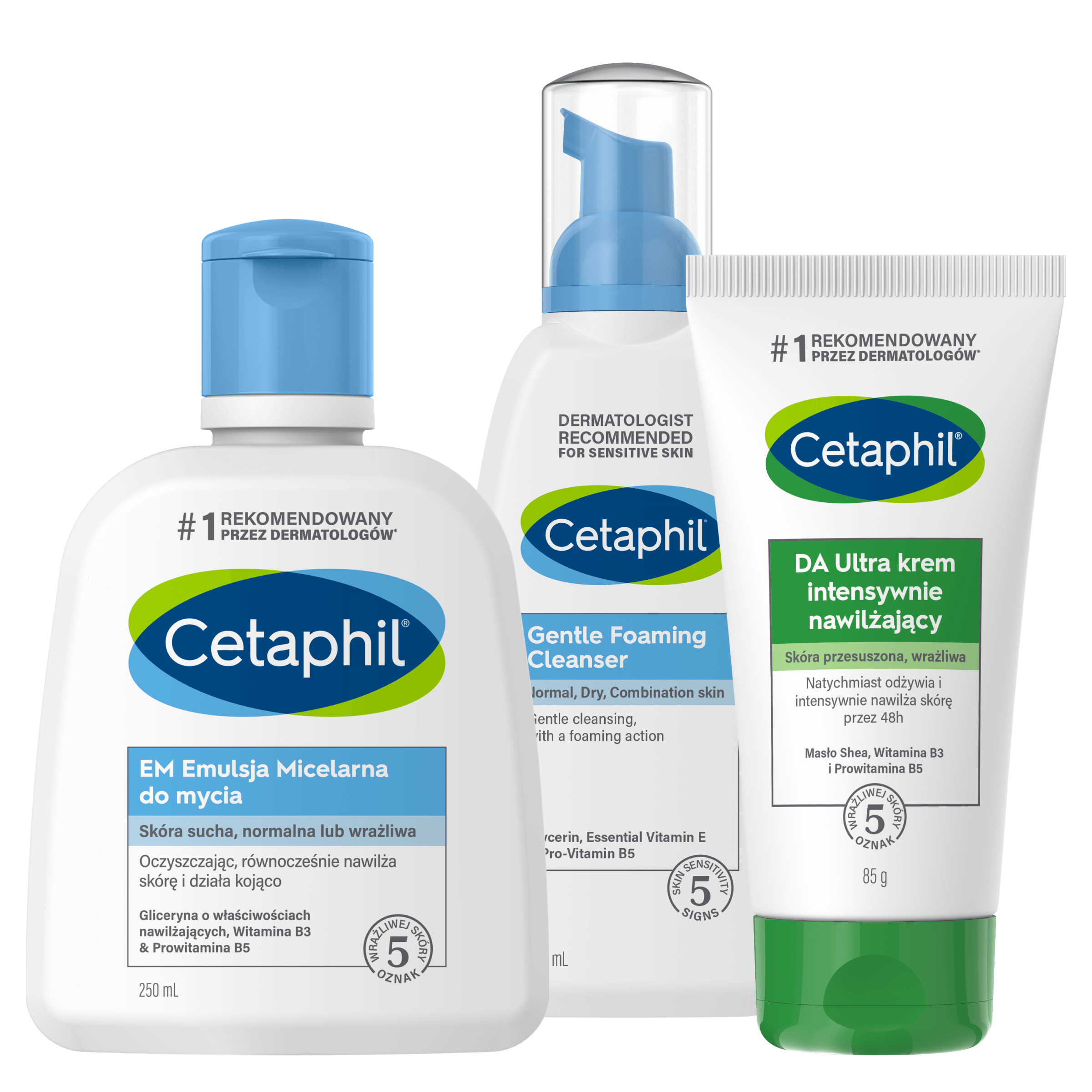 Zestaw EM Emulsja micelarna do mycia 250 ml, Lekka pianka do mycia 236 ml i DA Ultra krem intensywnie nawilżający