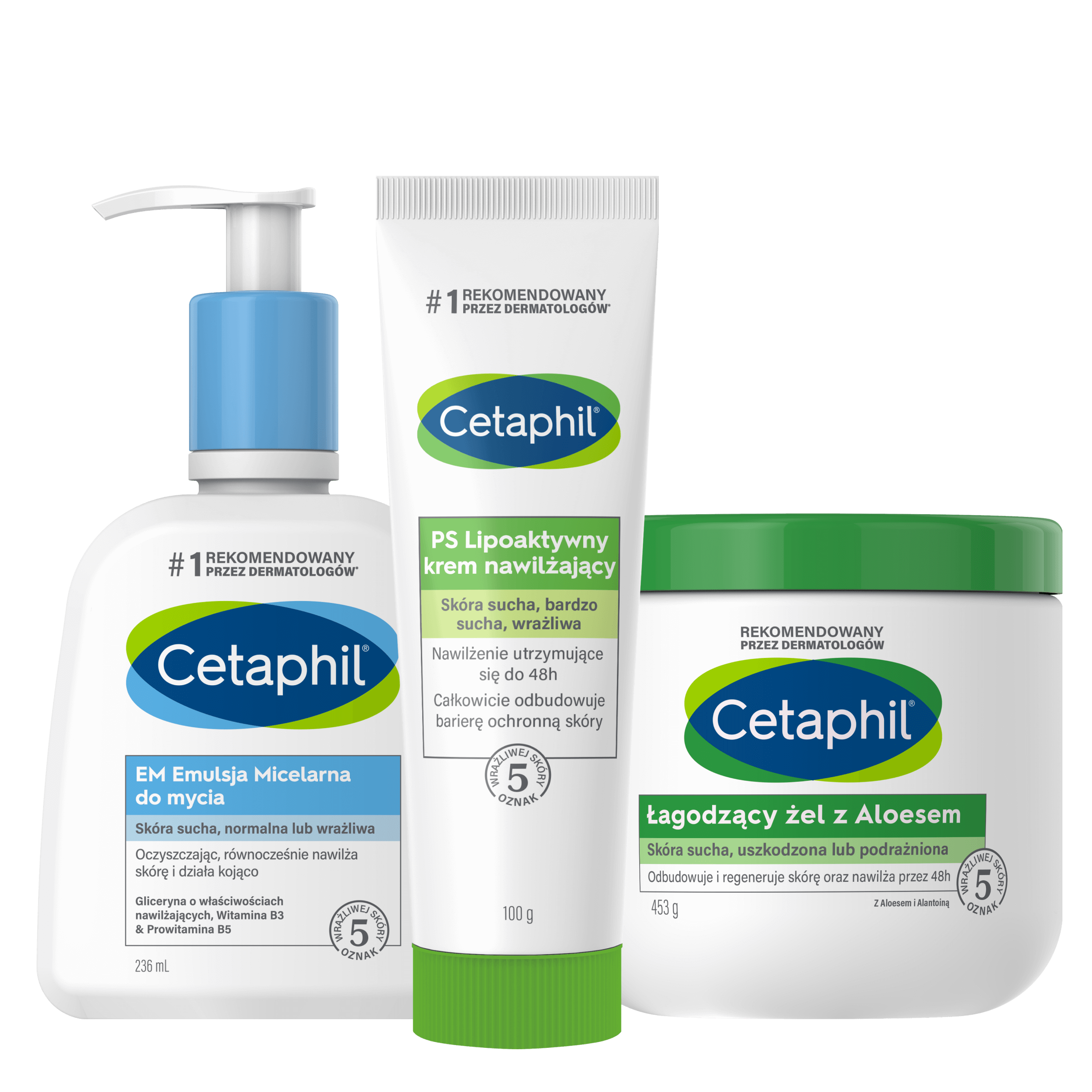 Zestaw EM Emulsja micelarna do mycia 236 ml, Łagodzący żel z aloesem 453 g i PS Lipoaktywny krem nawilżający 100 g