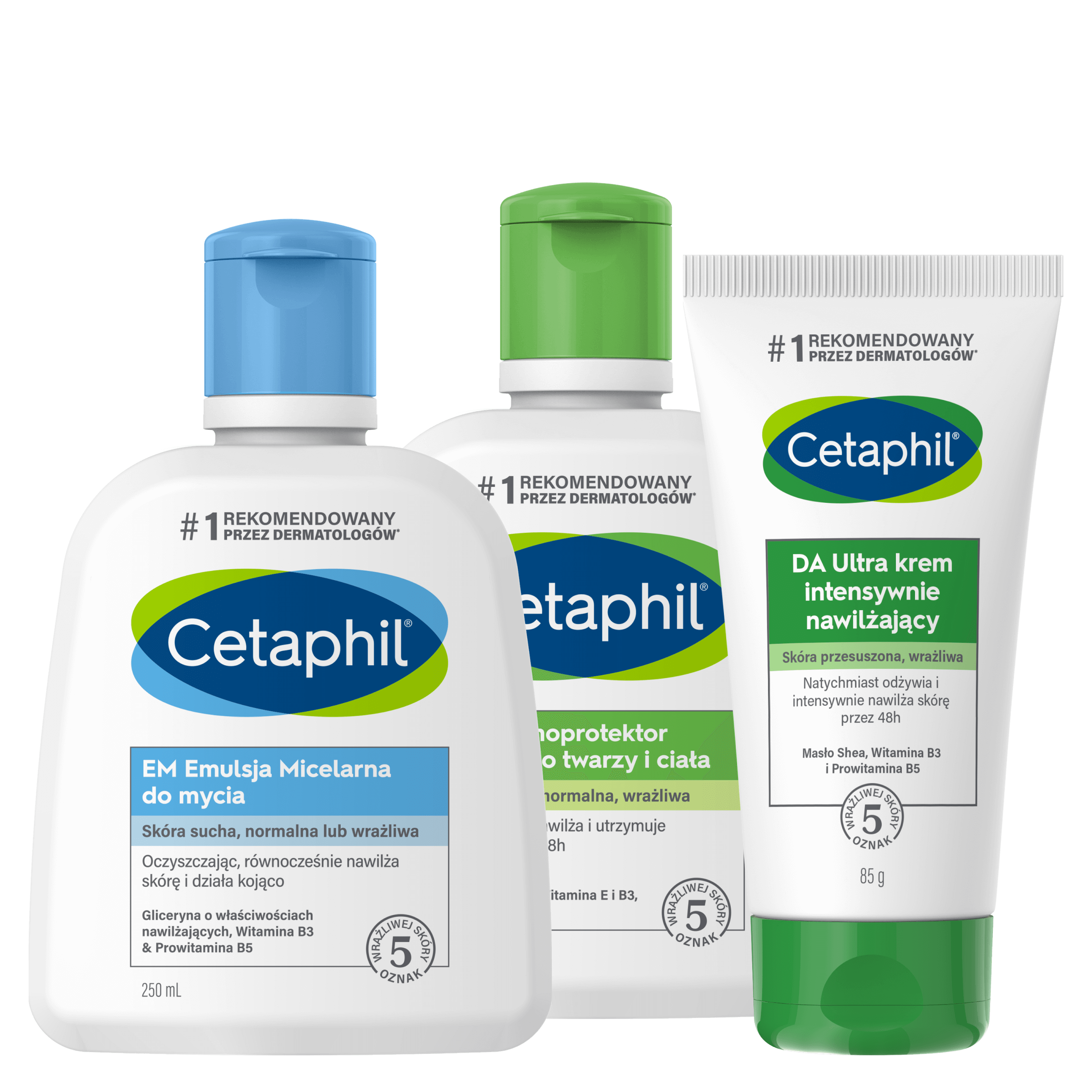 Zestaw EM Emulsja micelarna do mycia 250 ml, MD Balsam dermoprotektor do twarzy i ciała 250 ml, DA Ultra krem intensywnie nawilżający