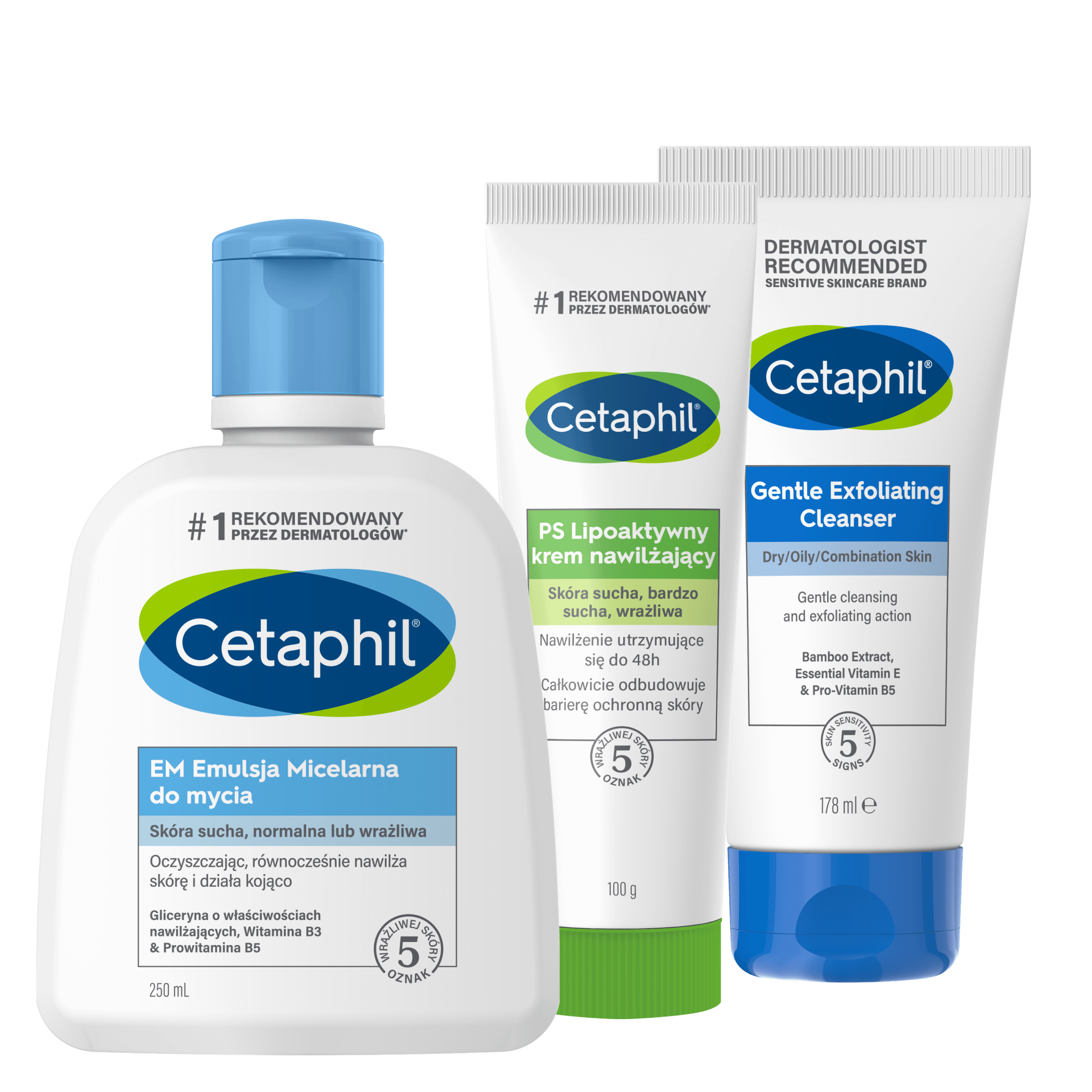 Zestaw EM Emulsja micelarna do mycia 250 ml, Delikatny Żel oczyszczający do twarzy z peelingiem 178 ml i PS Lipoaktywny krem nawilżający
