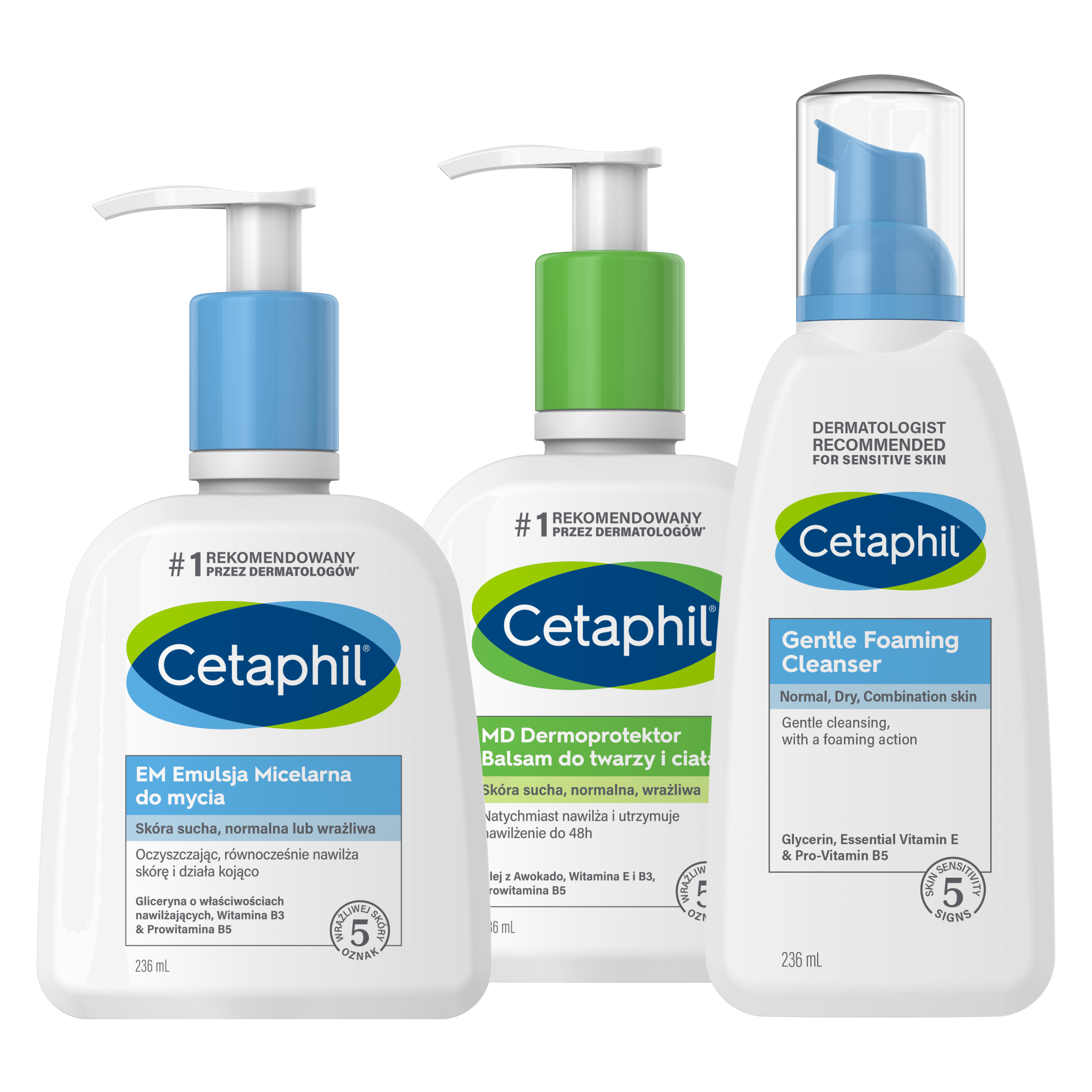 Zestaw EM Emulsja micelarna do mycia 236 ml, Lekka pianka do mycia 236 ml i MD Dermoprotektor balsam do twarzy i ciała 236 ml